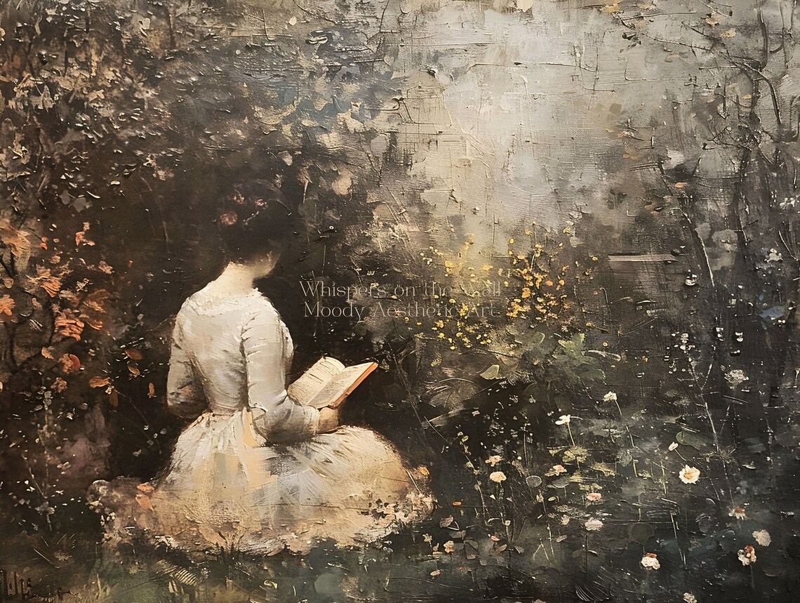 Woman Reading in Wildflower Garden Moody Vintage Painting Poster - Image 5