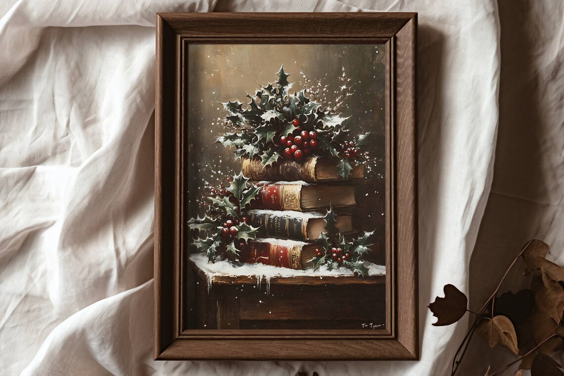 Christmas Rustic Book Still Life, Moody Winter Art Print - Image 6