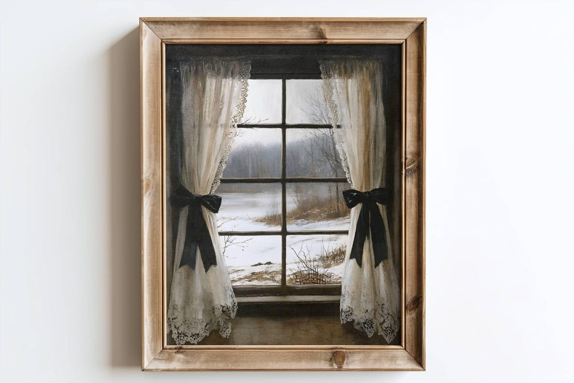 Black Bow Lace Curtain Window Snowy Winter View Coquette Poster - Image 3
