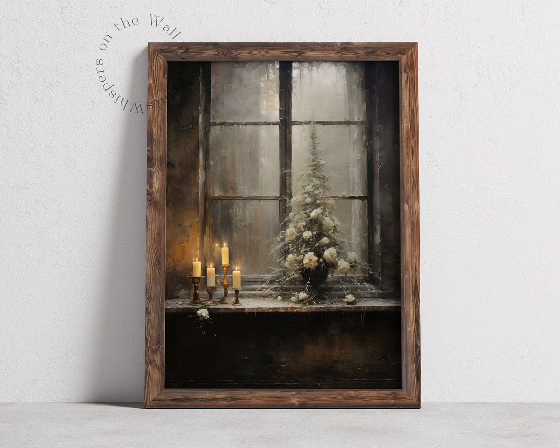Candlelit Window Christmas Tree White Floral Moody Wall Poster - Image 3