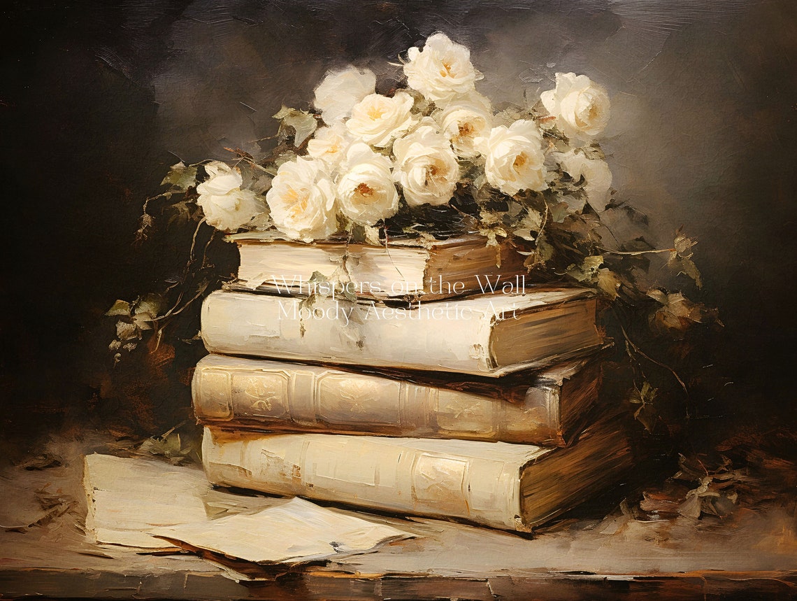 White Roses on Stack of Vintage Books Moody Still Life Poster - Image 6