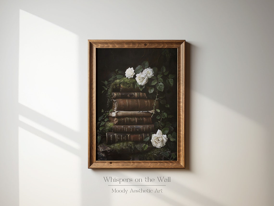Moss Covered Vintage Book Stack With White Roses Dark Academia Poster - Image 3