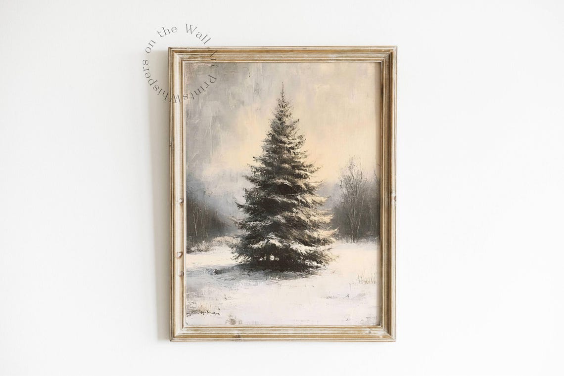 Lone Snow Covered Pine Tree In Misty Winter Field Vintage Poster