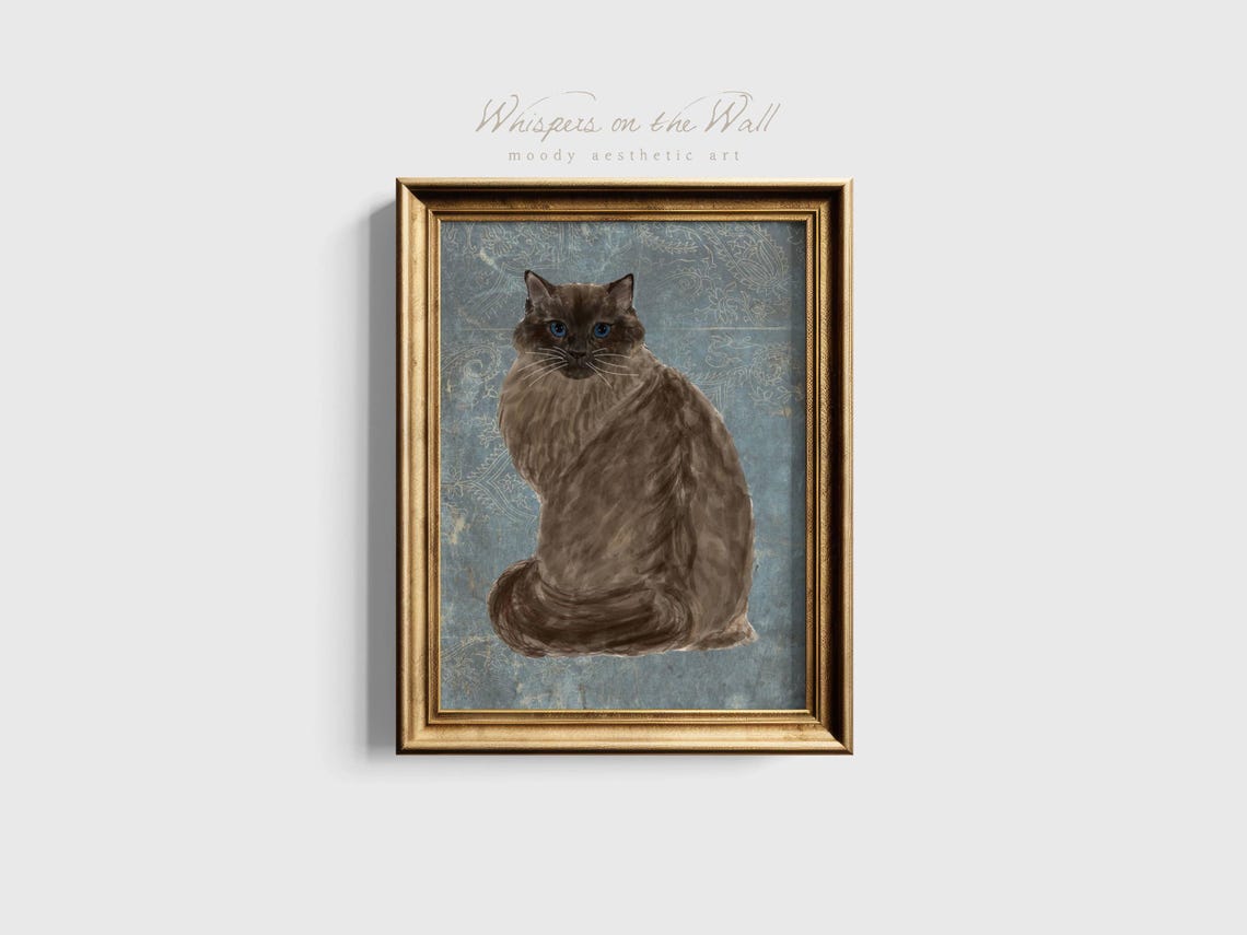 Fluffy Brown Longhair Cat Blue Eyes Vintage Damask Style Poster - Image 2