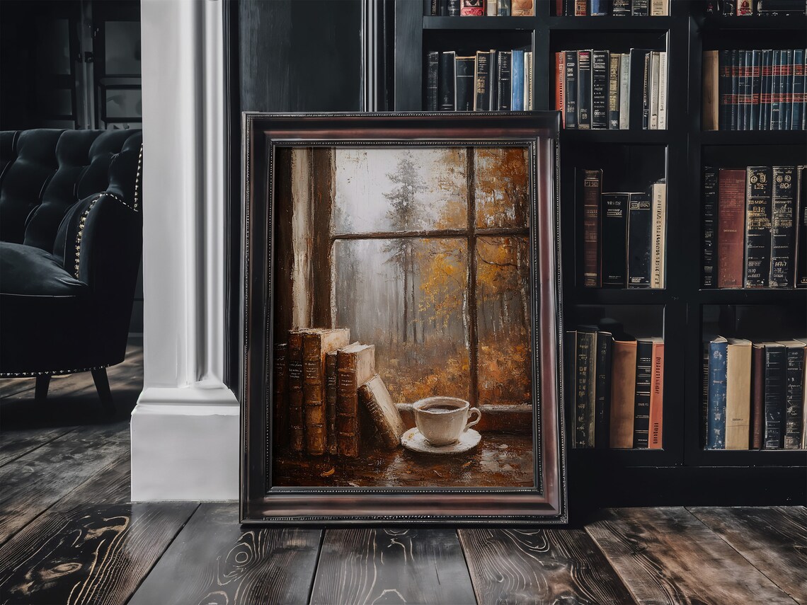 Fall Coffee Light Academia Bookish Oil Painting Art Print - Image 2