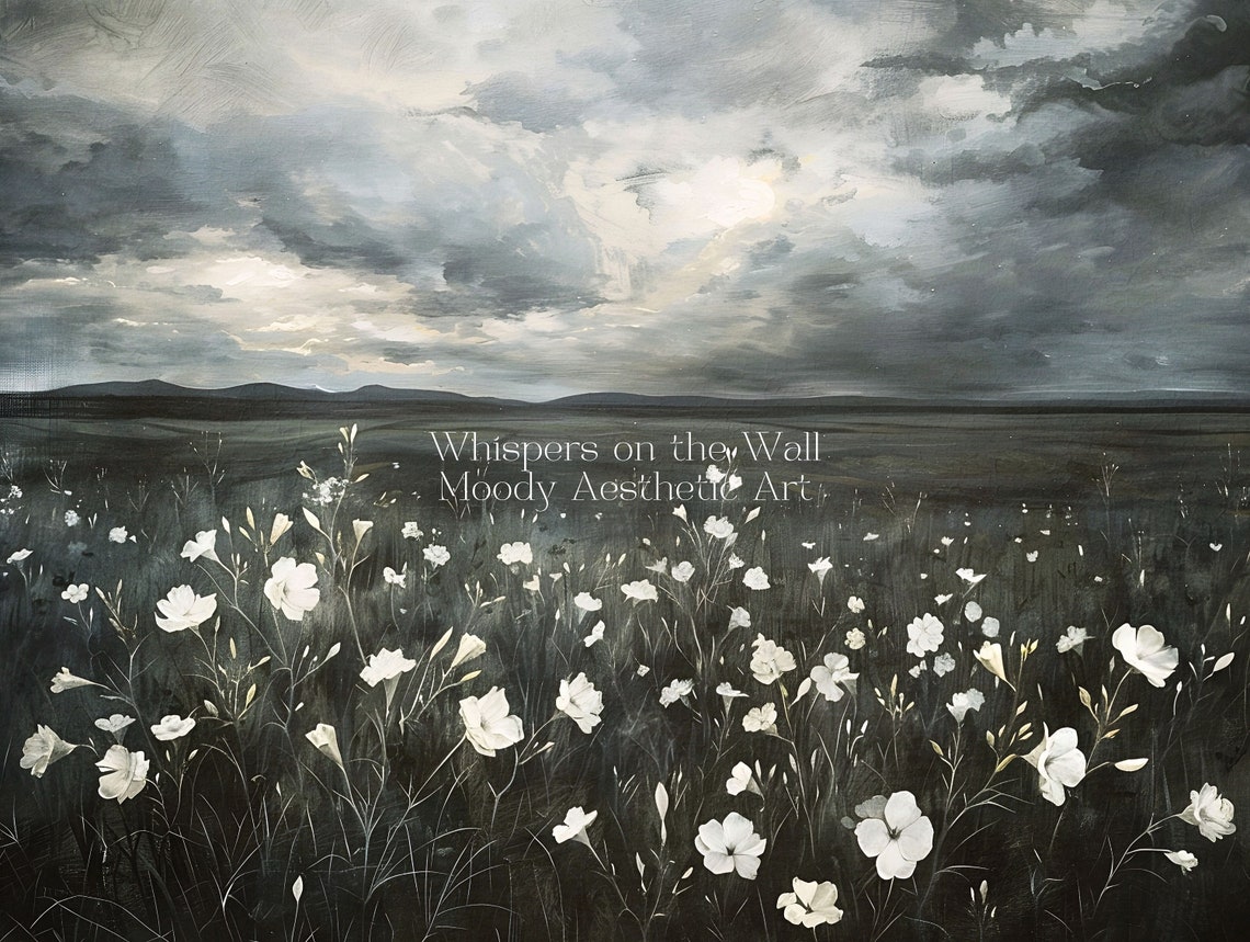 Dramatic White Wildflowers Under Stormy Sky Moody Landscape Poster - Image 5