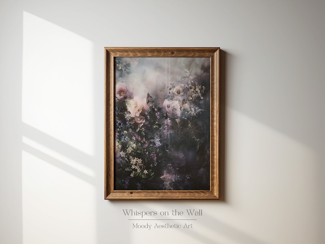 Pair Of Moody Abstract Floral Paintings With Blush Roses Dark Set Poster - Image 2