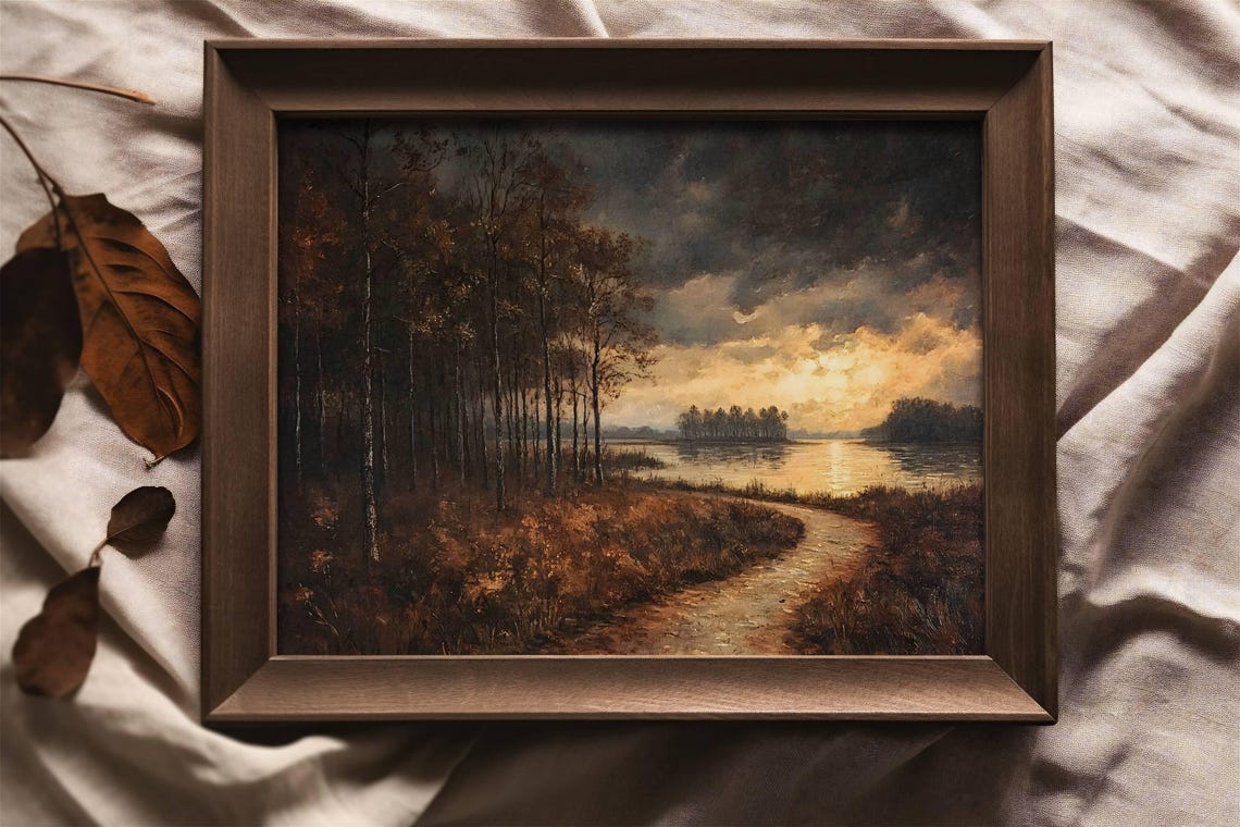 Stormy Autumn Sunset Over Lake Path Dark Forest Landscape Poster - Image 6