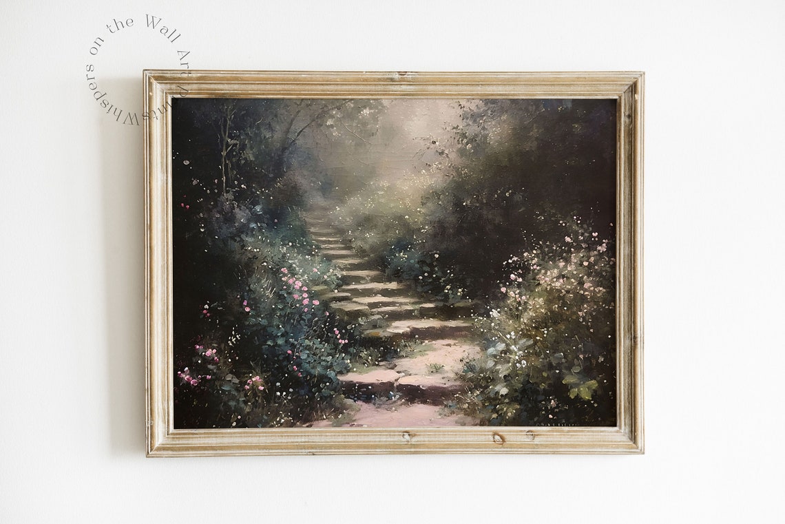 Misty Garden Path with Stone Steps and Wildflowers Oil Painting Poster
