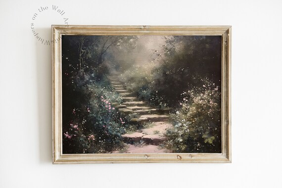Misty Garden Path with Stone Steps and Wildflowers Oil Painting Poster
