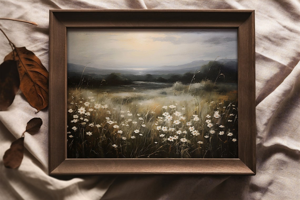 White Wildflowers Meadow with Distant Mountains Moody Landscape Poster - Image 3
