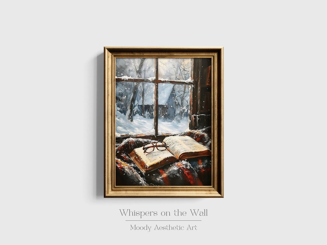 Open Book and Glasses by Snowy Window Cozy Reading Scene Poster - Image 2