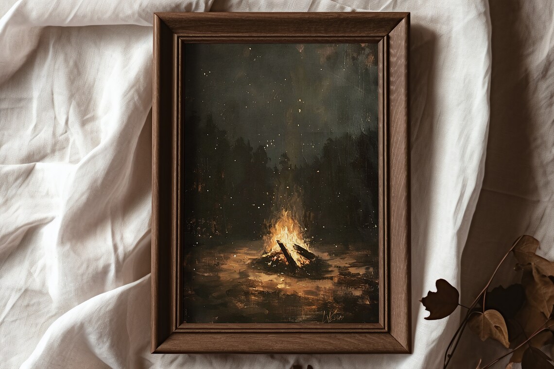 Fall Campfire Art Print, Autumn Wilderness Cabin Decor - Image 3