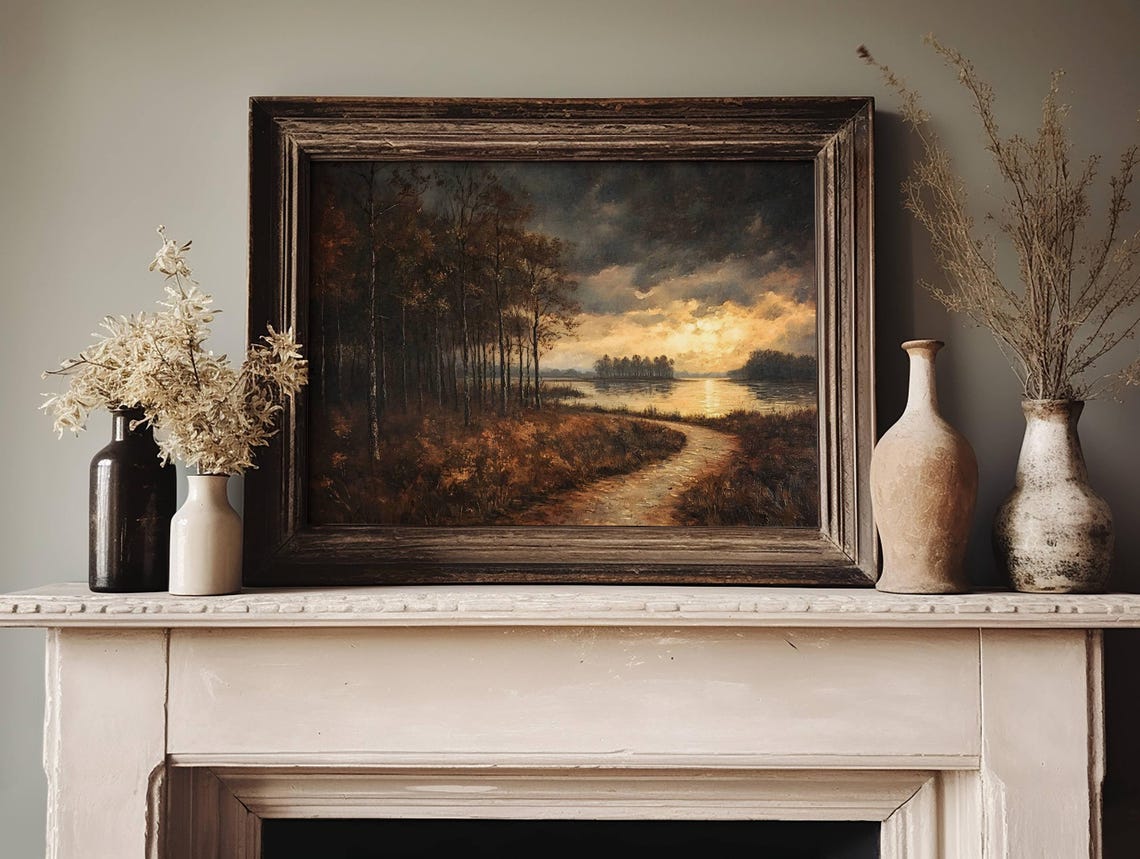 Stormy Autumn Sunset Over Lake Path Dark Forest Landscape Poster - Image 3