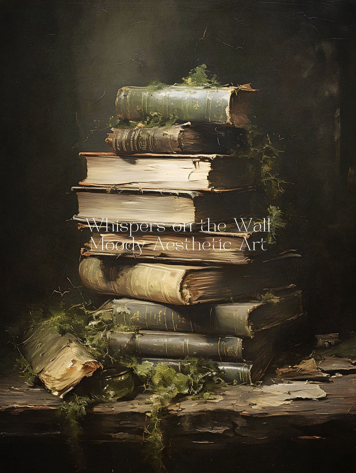 Antique Stack of Old Books with Moss Dark Academia Oil Painting Poster - Image 6