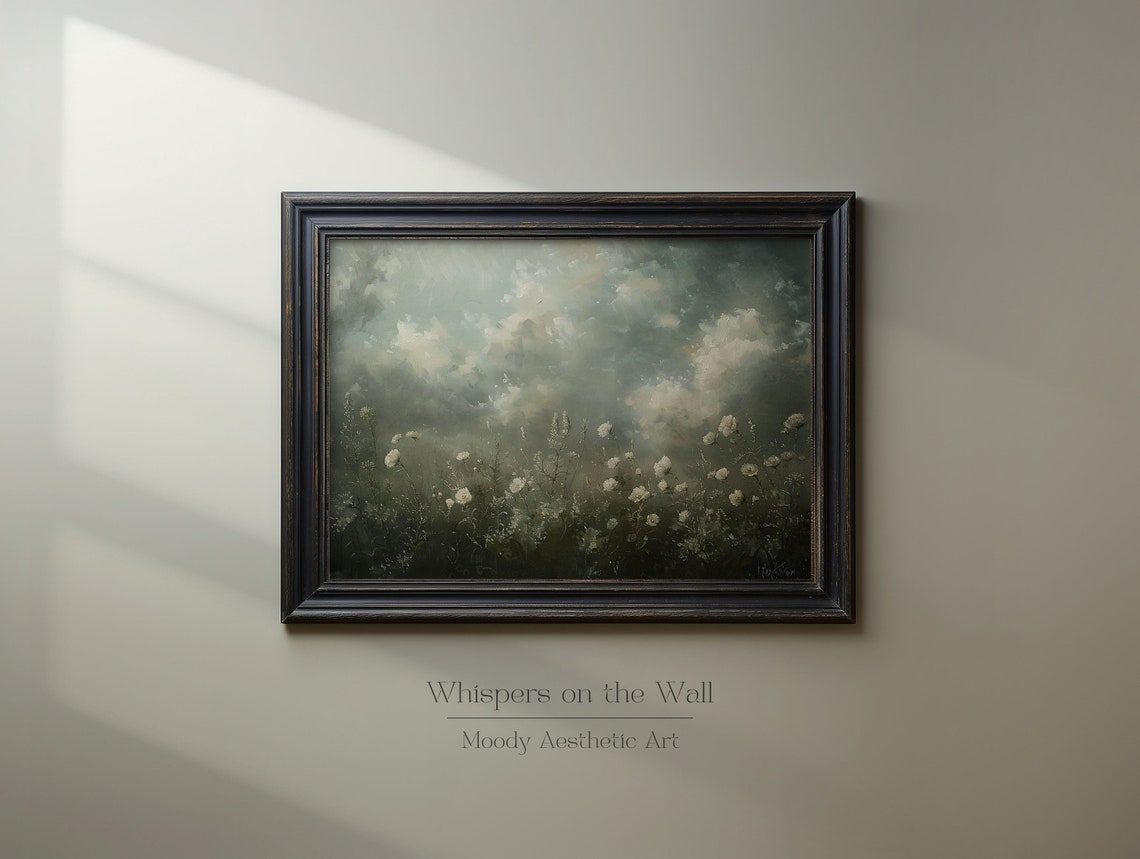 Wildflower Meadow Under Stormy Clouds Moody Landscape Painting Poster - Image 2