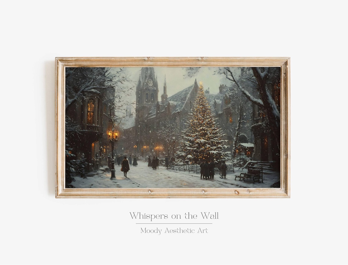 Christmas Tree Vintage Village Art Print, Moody Xmas