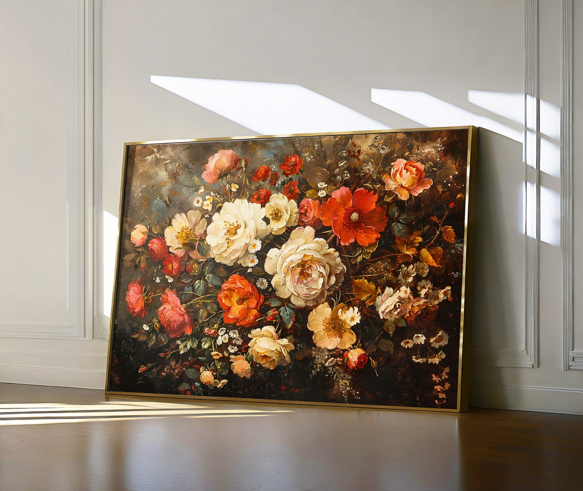 Lush Red and White Roses Dutch Style Dark Floral Painting Poster - Image 6