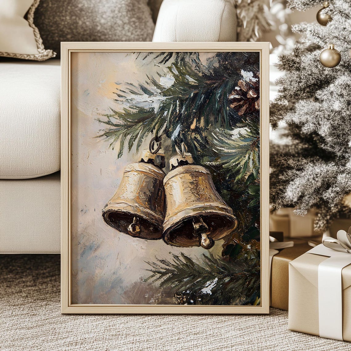 Vintage Two Brass Christmas Bells on Pine Branch Holiday Art Poster