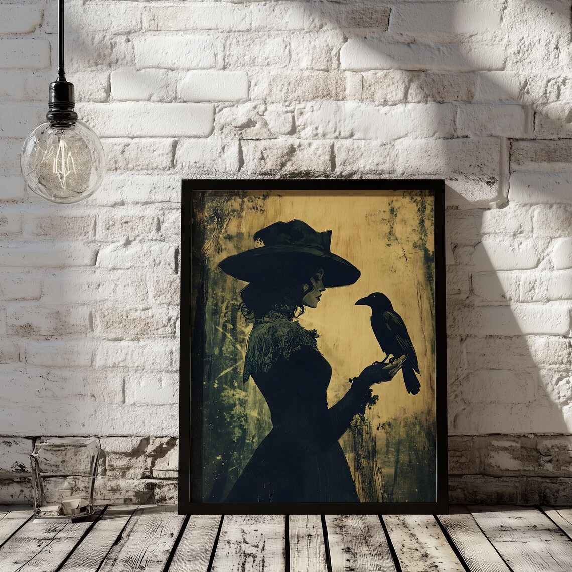 Halloween Witch Silhouette with Crow on Gold Dark Fantasy Art Poster - Image 2