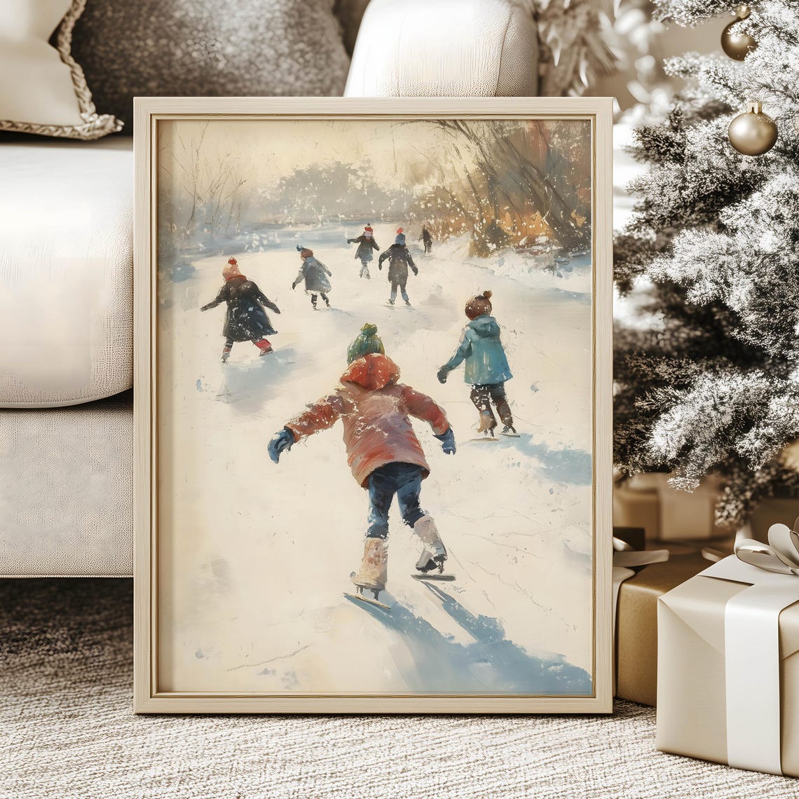 Children Ice Skating on Frozen Pond Vintage Winter Scene Poster
