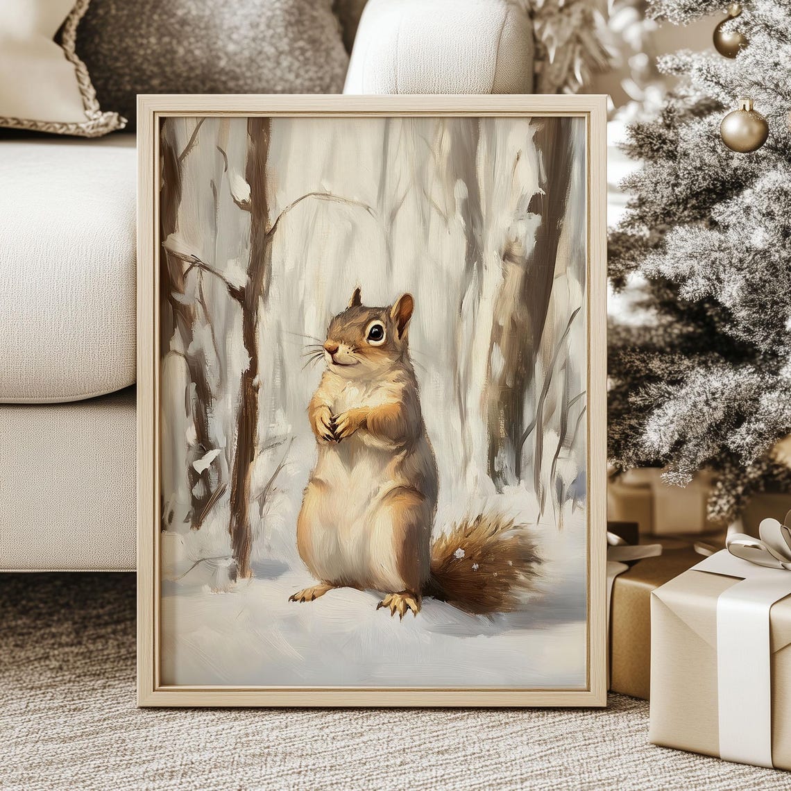 Cute Squirrel in Snowy Birch Christmas Forest Winter Art Poster