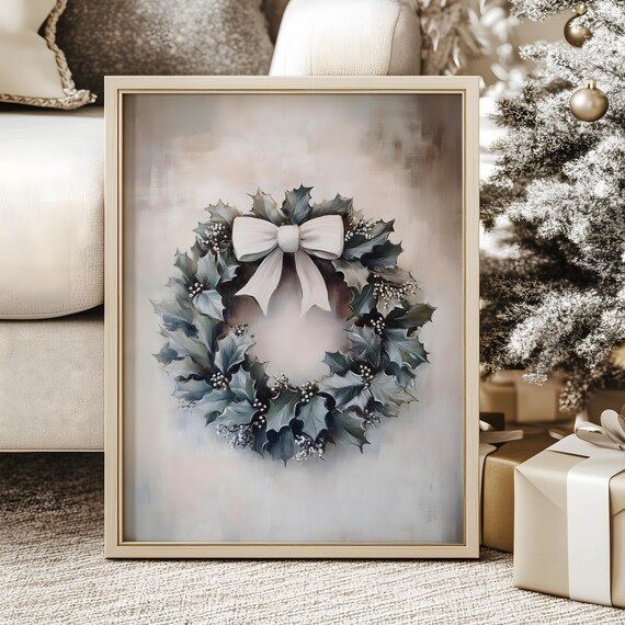 Neutral Christmas Wreath Print Vintage Holiday Season Gallery Decor Rustic Cottagecore Winter Wonderland Oil Painting Moody Evergreen Art