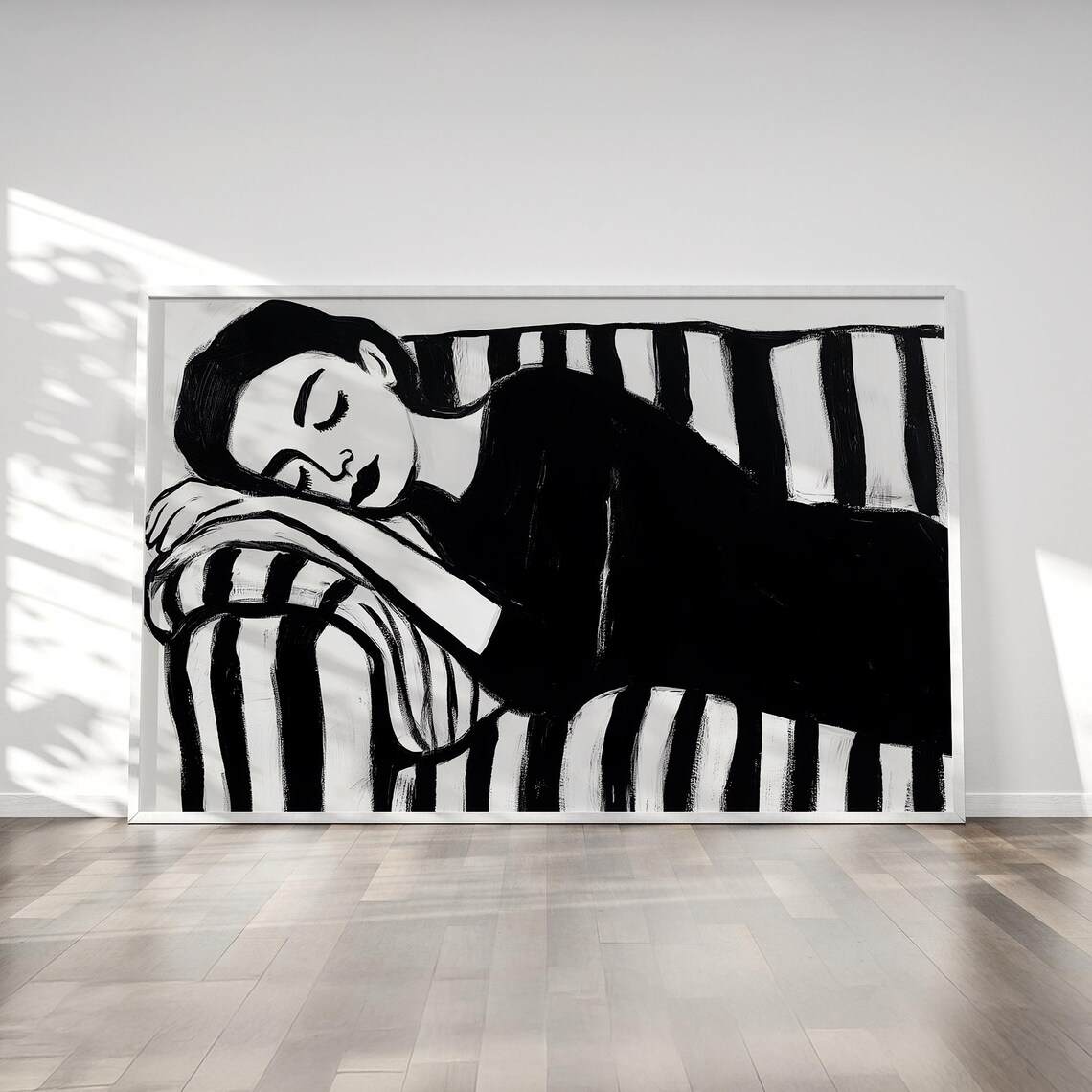 Sleeping Woman on Striped Sofa Black and White Minimalist Poster
