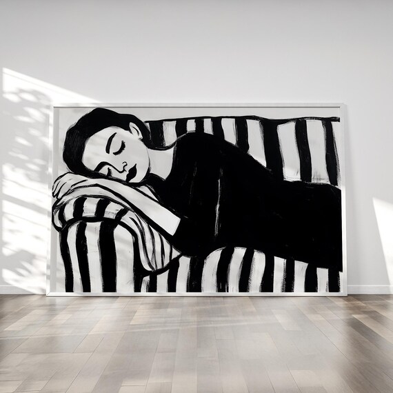 Sleeping Woman on Striped Sofa Black and White Minimalist Poster