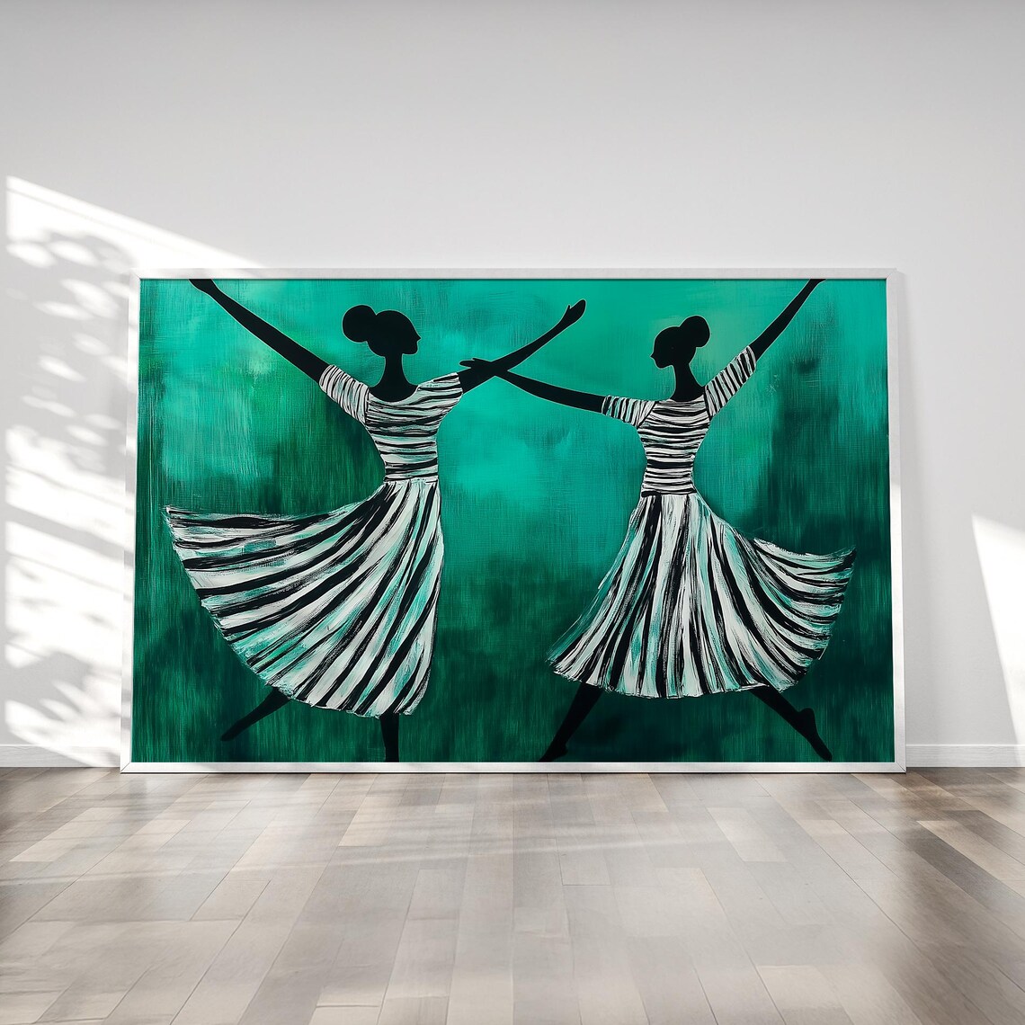 Two Dancing Silhouettes in Striped Dresses on Teal Art Poster
