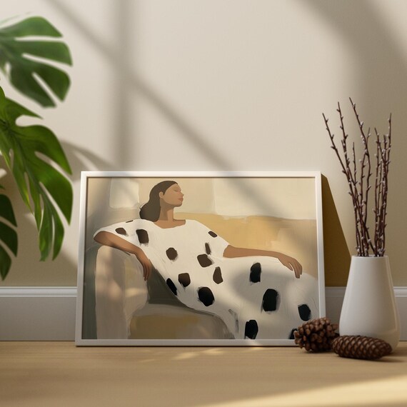 Seated Woman in Polka Dot Dress Against Beige Minimalist Poster