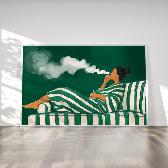 Emerald Green Woman Smoking Stripe Woman Poster