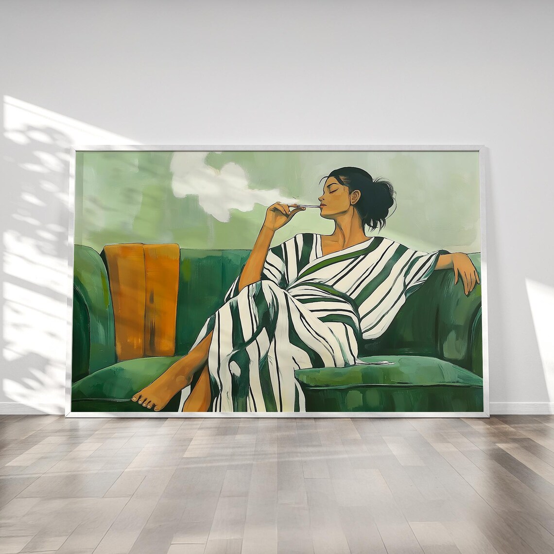 Elegant Woman Smoking on Green Sofa in Striped Kaftan Poster