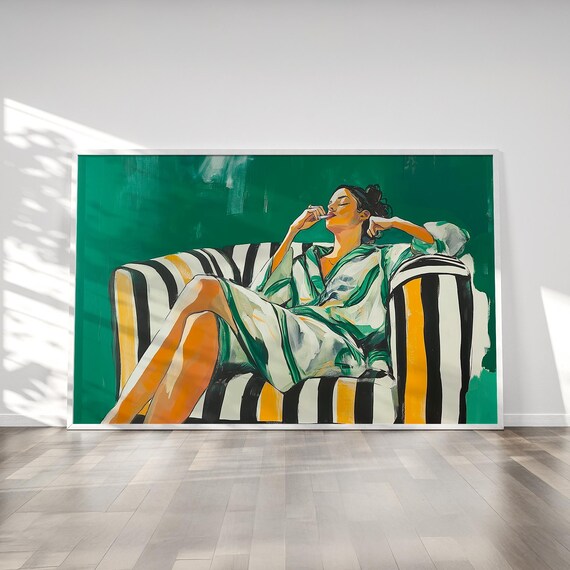 Woman Smoking on Striped Chair Emerald Green Painting Poster