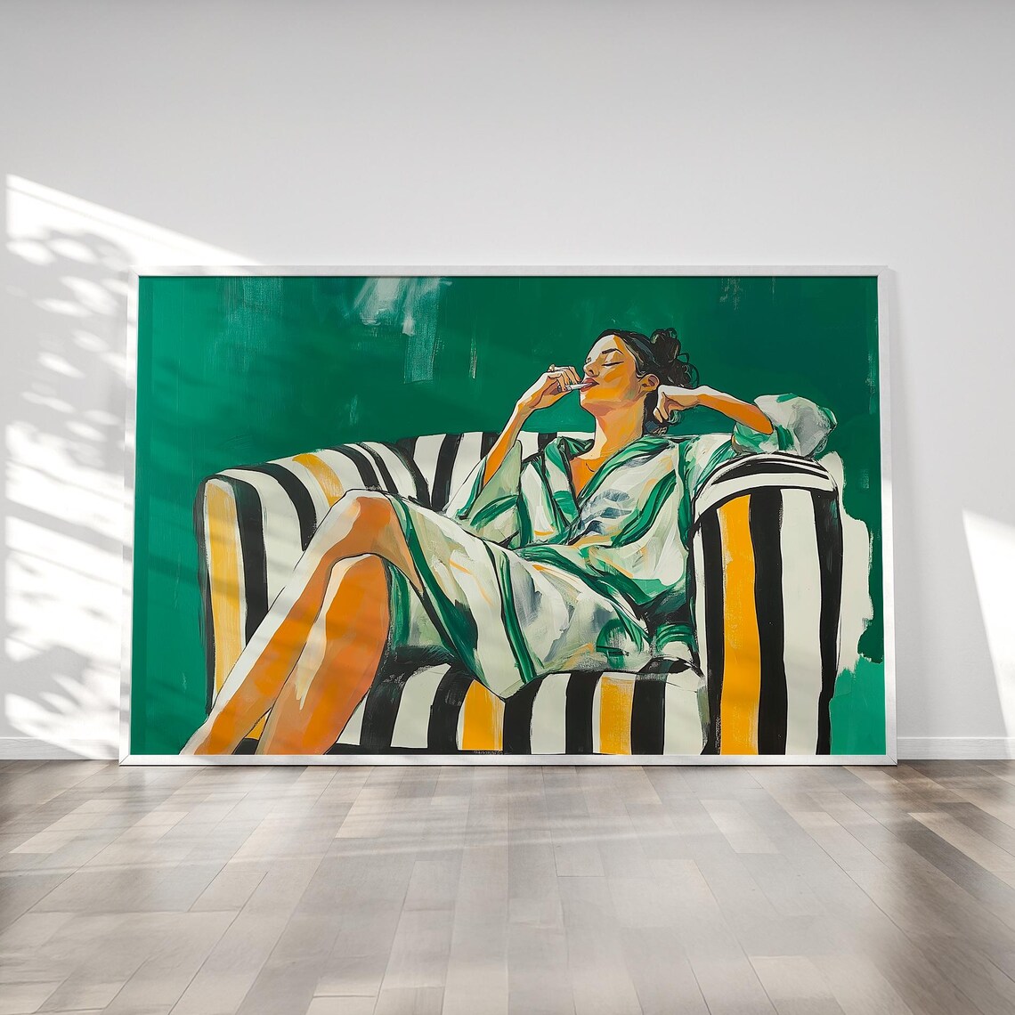 Woman Smoking on Striped Chair Emerald Green Painting Poster