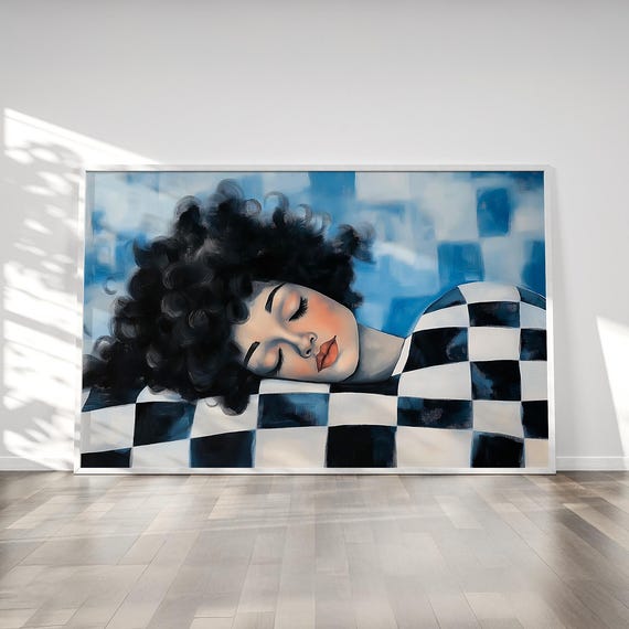 Geometrical People Large Wall Art Sleeping Woman Contemporary Artwork Modern Woman Print Curly Girl Poster