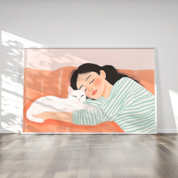 Woman Napping with White Cat Cozy Pastel Illustration Poster