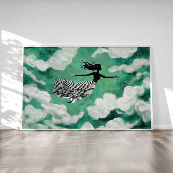 Floating Woman Art Print Abstract Emerald Green Clouds Surrealist Poster Ethereal Female Modern Whimsical Wall Art