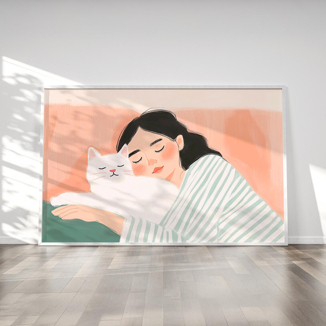 Woman Hugging White Cat in Warm Peach Cozy Illustration Poster