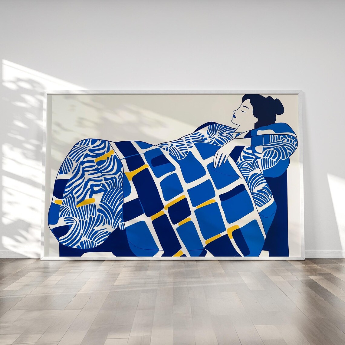 Electric Blue Abstract Woman Relaxing on Sofa, Art Print