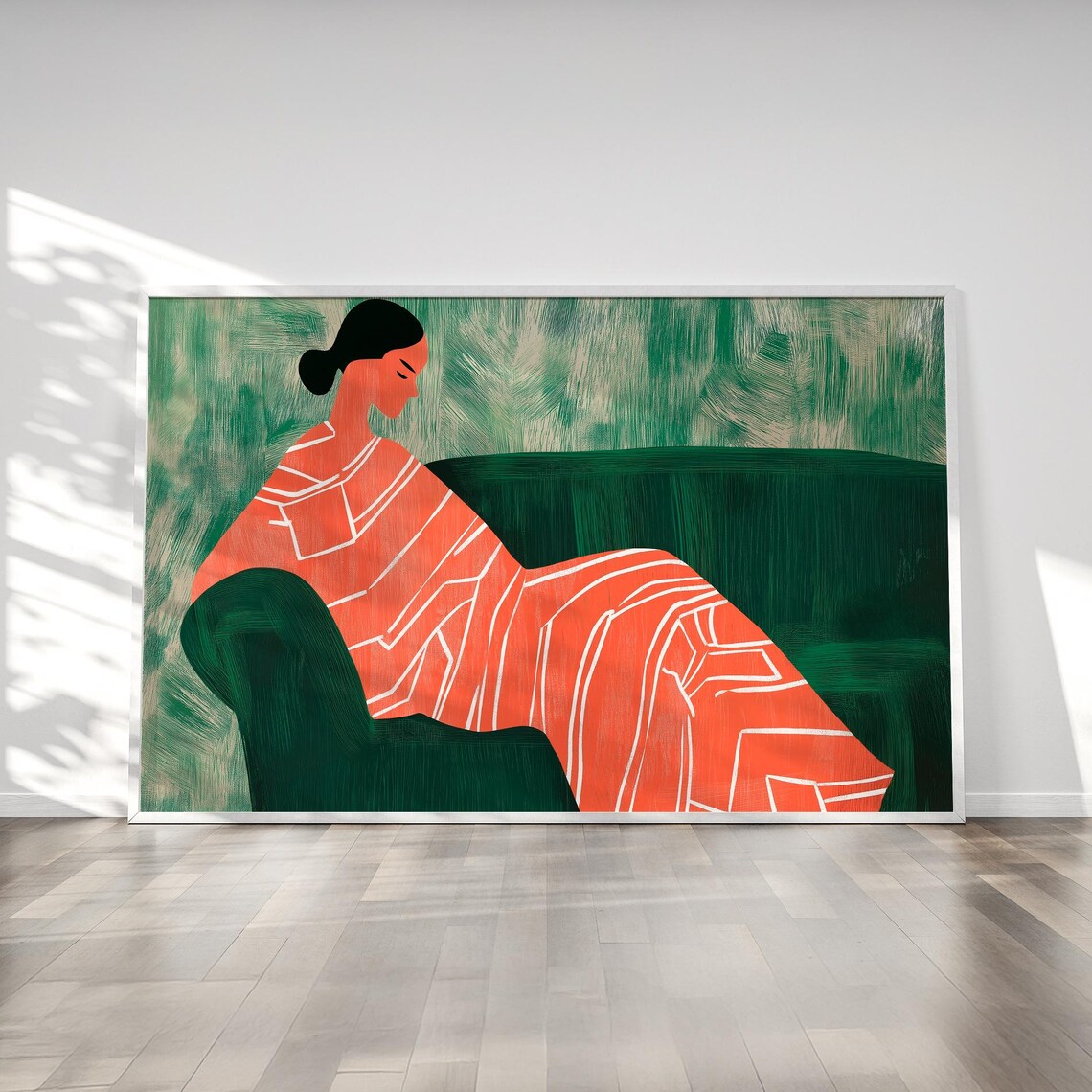 Lounging Woman in Coral Geometric Dress on Green Couch Poster
