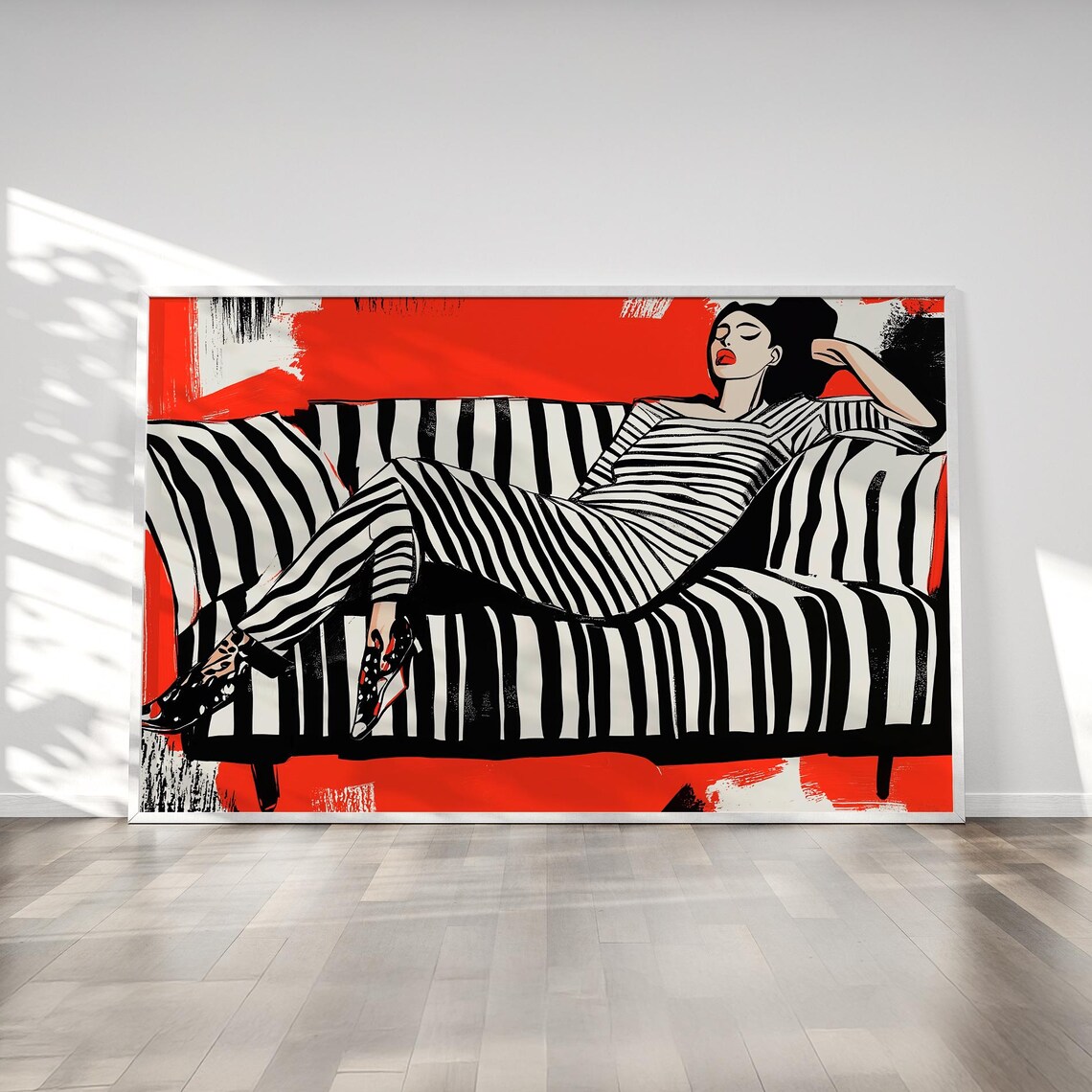 Fashion Woman Lounging on Striped Couch Bold Red Modern Art Poster
