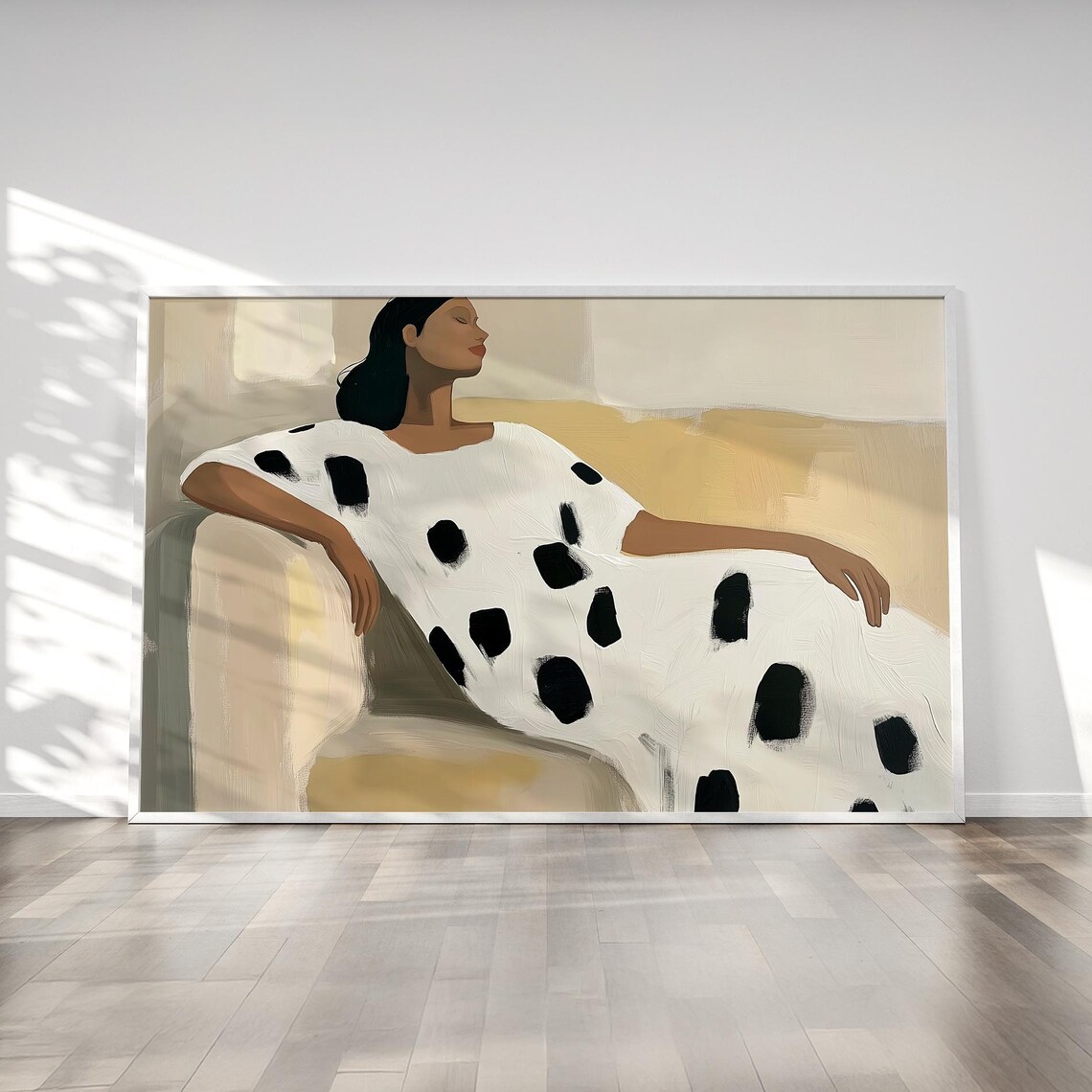 Seated Woman in Polka Dot Dress Against Beige Minimalist Poster - Image 4