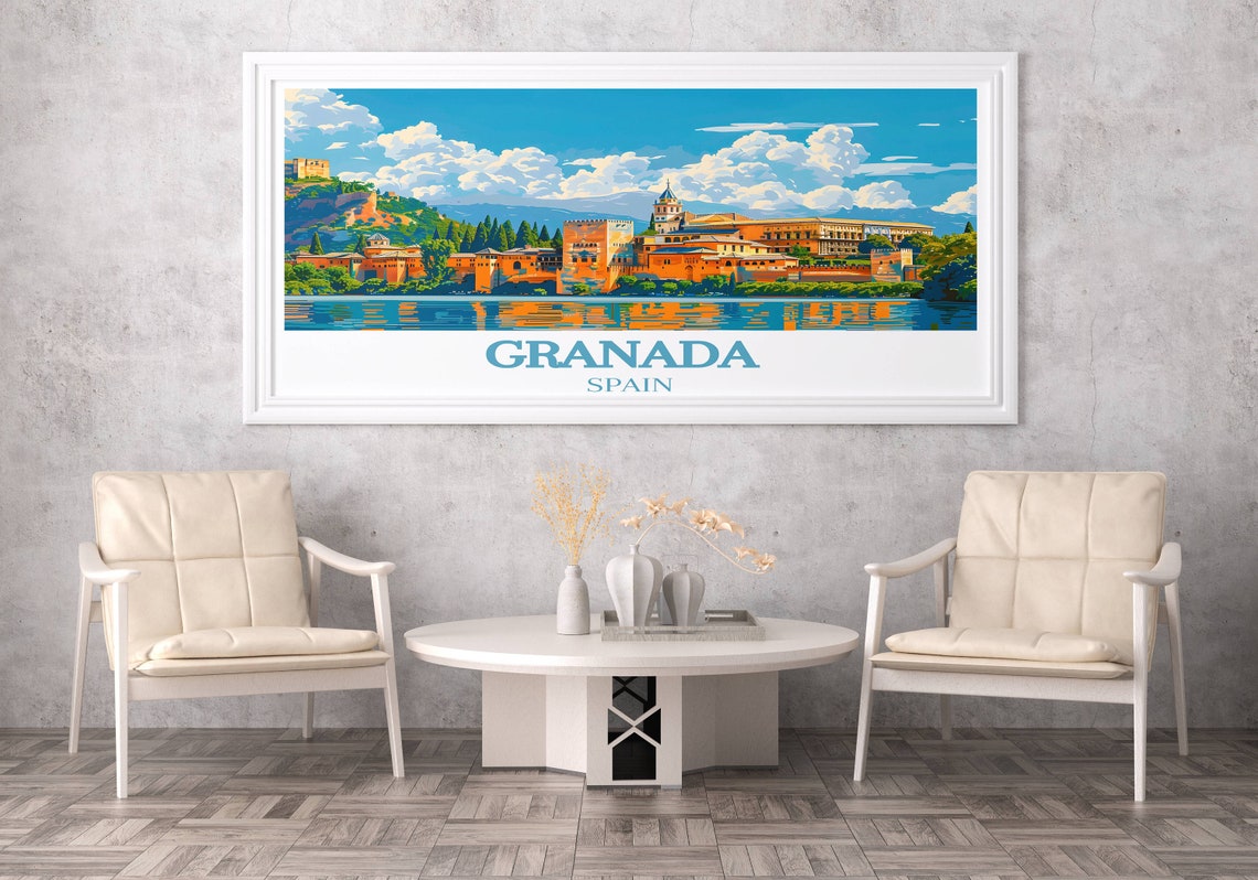 Granada Spain Alhambra Palace Lake Reflection Moorish Art Poster - Image 3