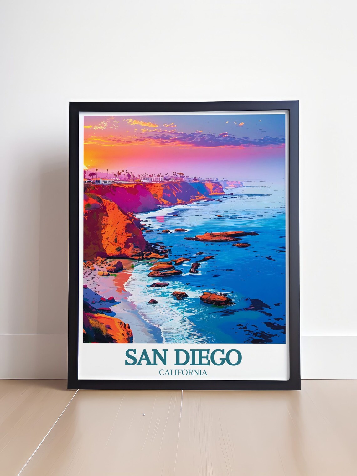 San Diego California Rocky Coastline Sunset Travel Scene Poster - Image 4