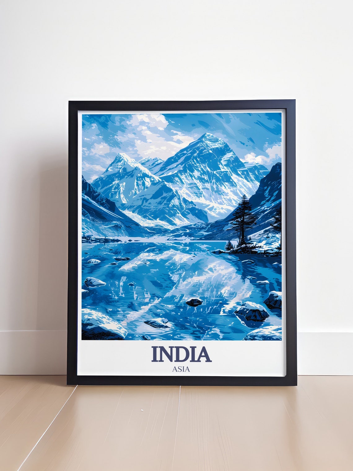 India Asia Himalayas Snowy Peaks Blue Lake Monochrome Art Poster - Image 4