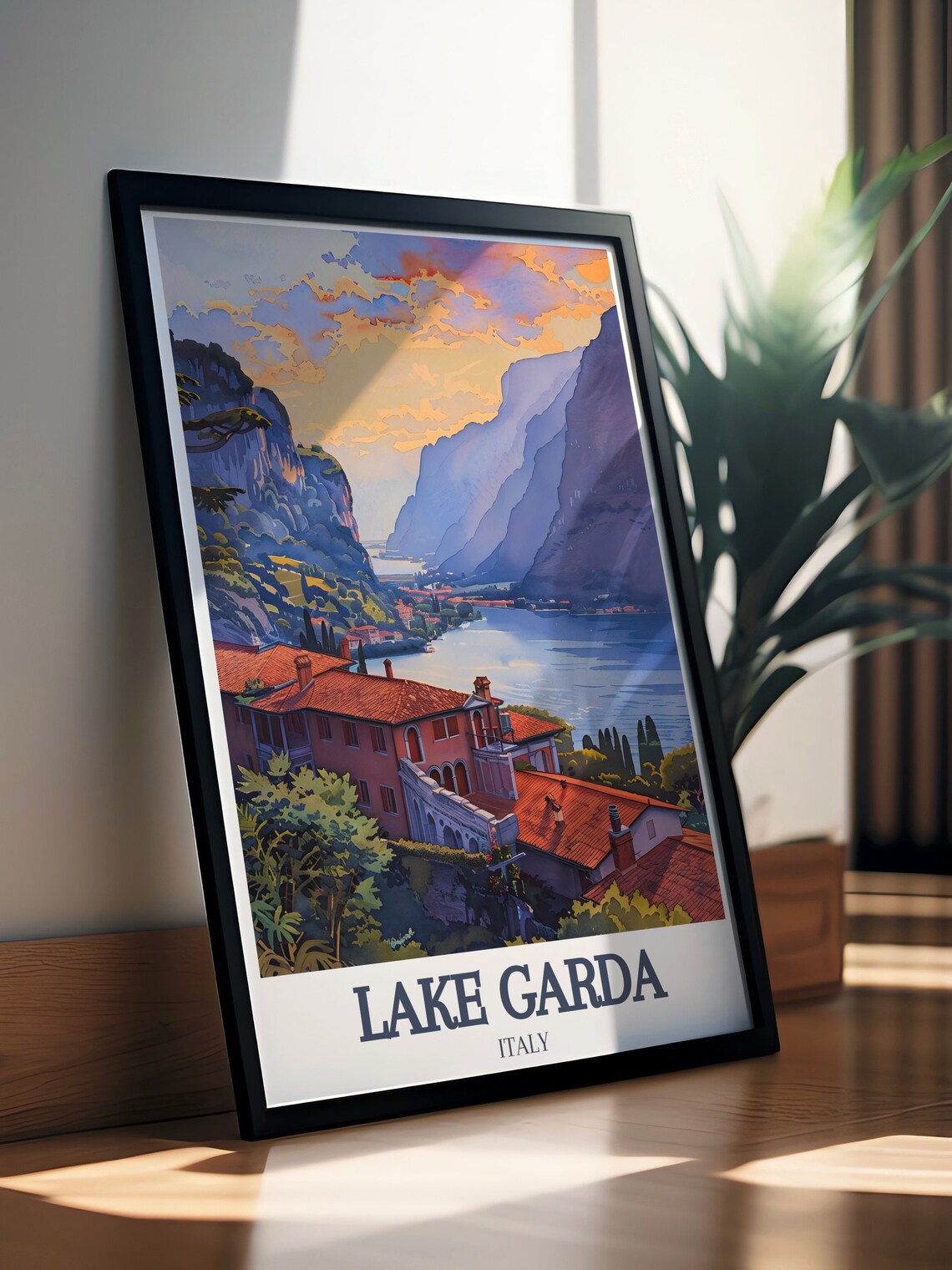 Lake Garda Italy Sunset Over Lakeside Villa Scenic Art Classic Poster - Image 3