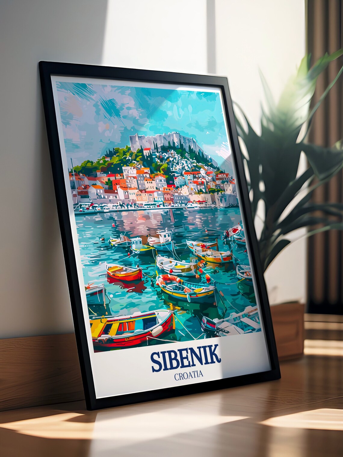 Sibenik Croatia Harbor Boats and Fortress Hill Travel Poster - Image 2