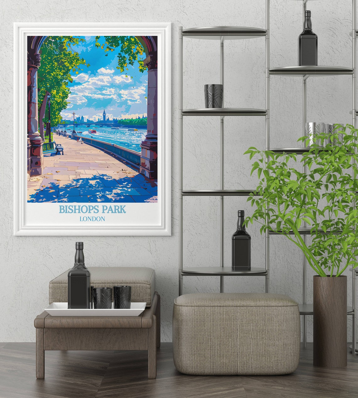 Bishops Park London Thames Riverside Promenade Skyline View Poster - Image 2