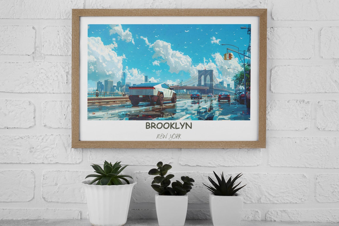 Tesla Cybertruck Crossing Brooklyn Bridge Illustrated Poster - Image 2